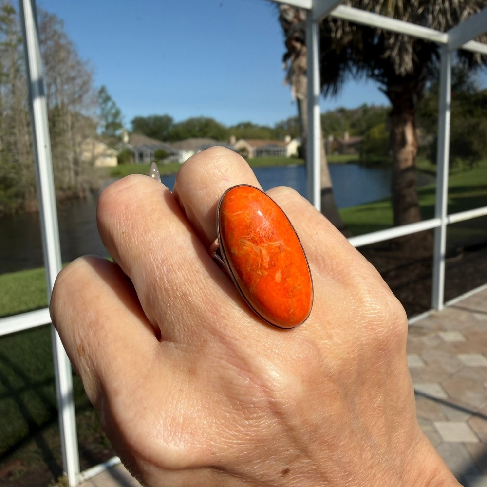 Jay King DRT 925 Sterling Orange Spiny Oyster Peace Sign Statement Ring Sz 6.25